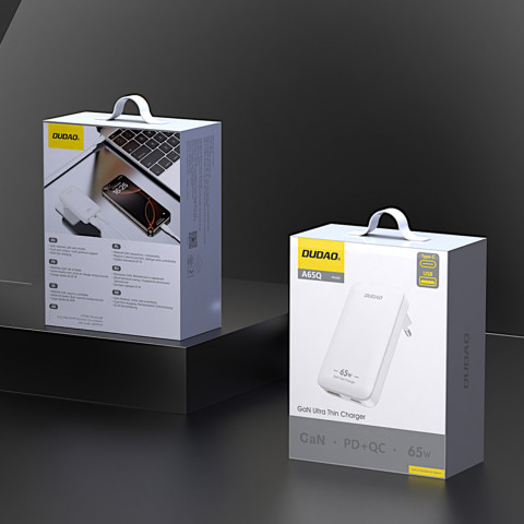 
Itin plonas GaN kelioninis sieninis įkroviklis, 65 W, USB-A, USB-C, PD, ES/ JAV – baltas
