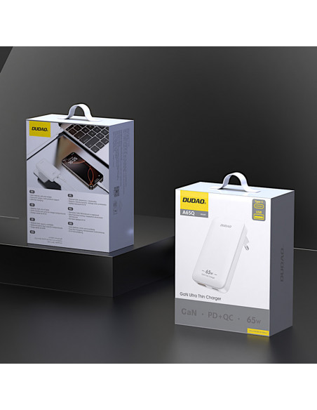 
Itin plonas GaN kelioninis sieninis įkroviklis, 65 W, USB-A, USB-C, PD, ES/ JAV – baltas
