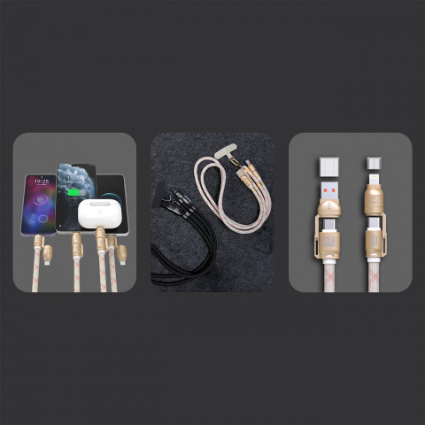 
4in1 kabelis-virvelė USB-A / USB-C / iPhone Lightning PD QC 65W 1.5m - rožinis
