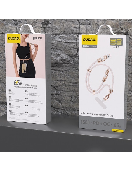 
4in1 kabelis-virvelė USB-A / USB-C / iPhone Lightning PD QC 65W 1.5m - rožinis
