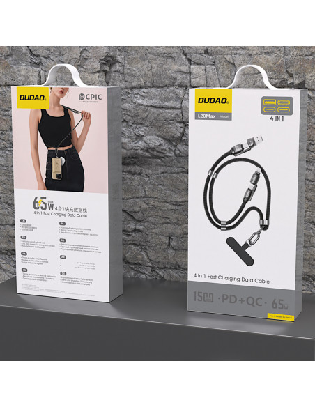 
4in1 kabelis-virvelė USB-A / USB-C / iPhone Lightning PD QC 65W 1.5m - juodas
