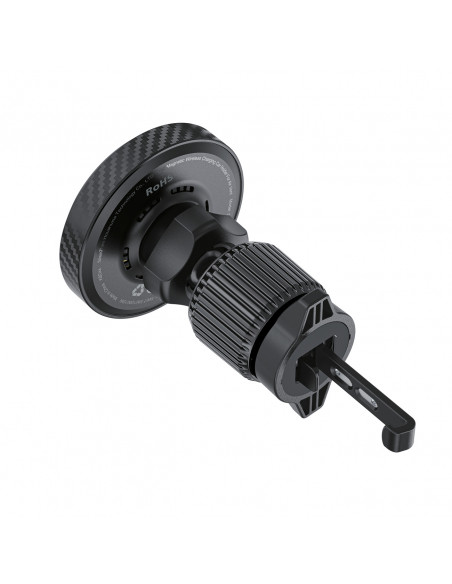 
Automobilinis laikiklis su magnetiniu įkrovikliu Qi2 15W telefonui, skirtas oro išleidimo angai - juodas
