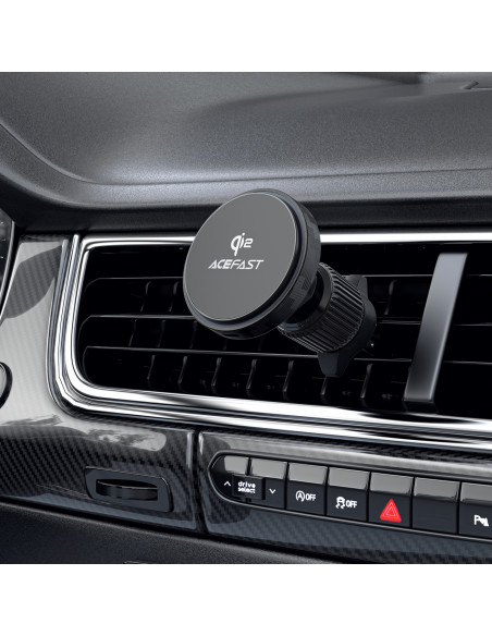 
Automobilinis laikiklis su magnetiniu įkrovikliu Qi2 15W telefonui, skirtas oro išleidimo angai - juodas
