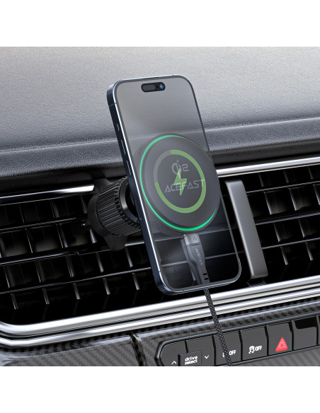 
Automobilinis laikiklis su magnetiniu įkrovikliu Qi2 15W telefonui, skirtas oro išleidimo angai - juodas
