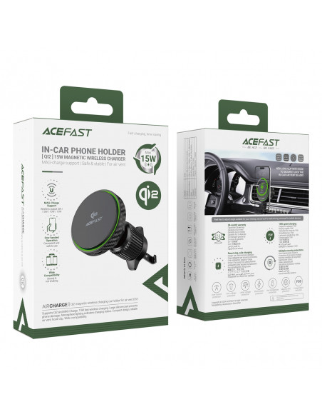
Automobilinis laikiklis su magnetiniu įkrovikliu Qi2 15W telefonui, skirtas oro išleidimo angai - juodas
