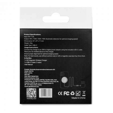 
Qi2 magnetinis belaidis indukcinis telefono įkroviklis 15W - juodas
