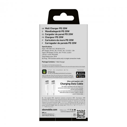 
„Power Delivery“ USB-A USB-C 20 W sieninis įkroviklis – baltas

