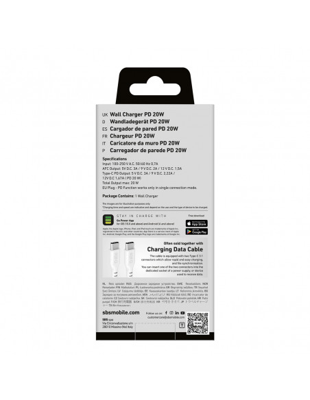 
„Power Delivery“ USB-A USB-C 20 W sieninis įkroviklis – baltas
