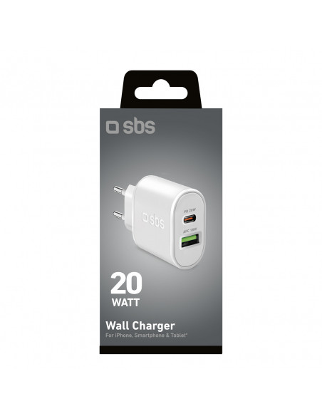 
„Power Delivery“ USB-A USB-C 20 W sieninis įkroviklis – baltas
