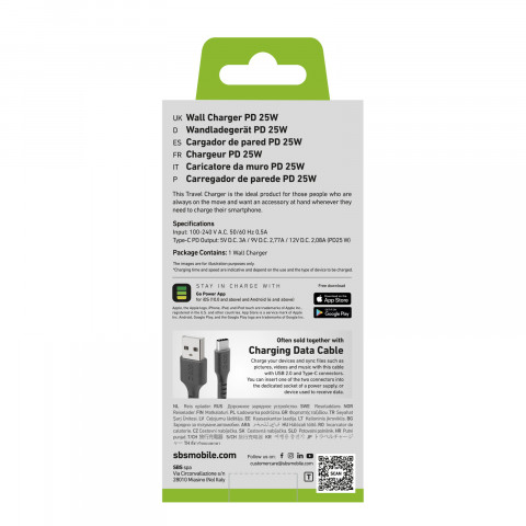 
„Power Delivery“ USB-C 25 W sieninis įkroviklis – juodas
