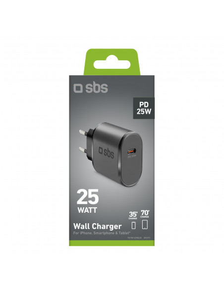 
„Power Delivery“ USB-C 25 W sieninis įkroviklis – juodas
