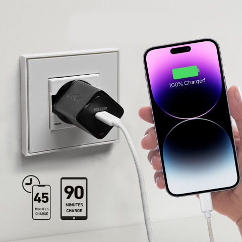 
„Power Delivery GaN USB-C“ 20 W sieninis įkroviklis – juodas

