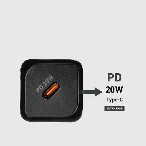 
„Power Delivery GaN USB-C“ 20 W sieninis įkroviklis – juodas
