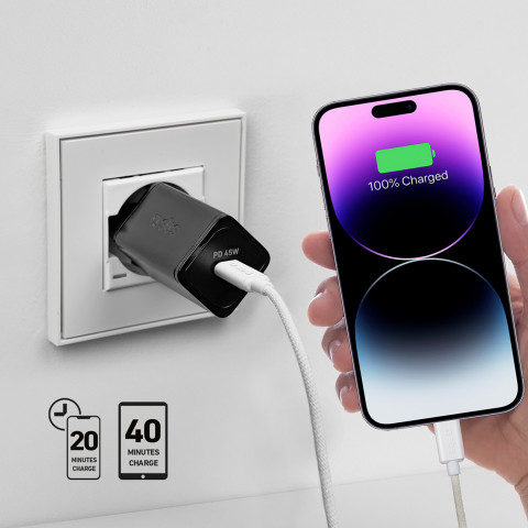 
„Power Delivery GaN USB-C“ 45 W sieninis įkroviklis – juodas
