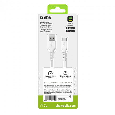 
USB-A - USB-C laidas 1,5 m - baltas

