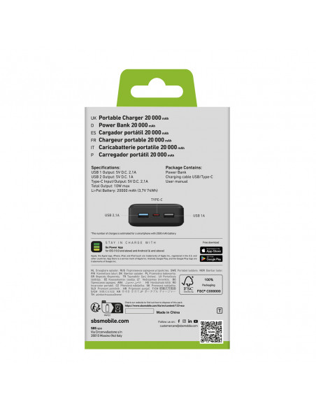 
20000 mAh nešiojamas akumuliatorius USB-A USB-C - juodas
