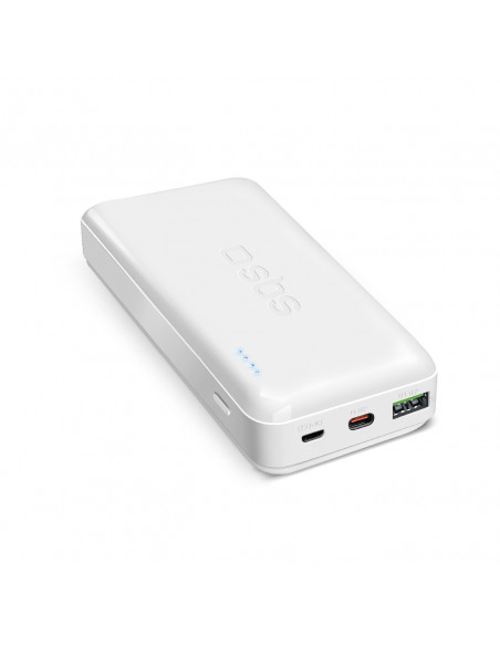 
20000 mAh PD nešiojama baterija su MicroUSB USB-C ir USB-A adapteriais, 20 W, balta
