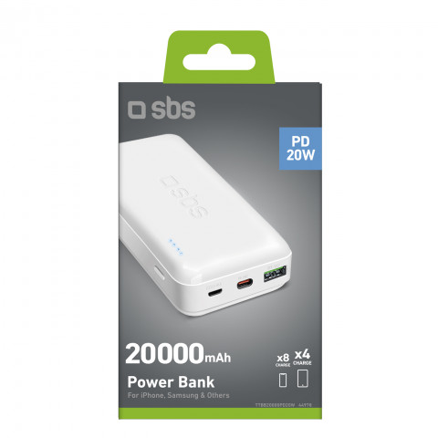 
20000 mAh PD nešiojama baterija su MicroUSB USB-C ir USB-A adapteriais, 20 W, balta

