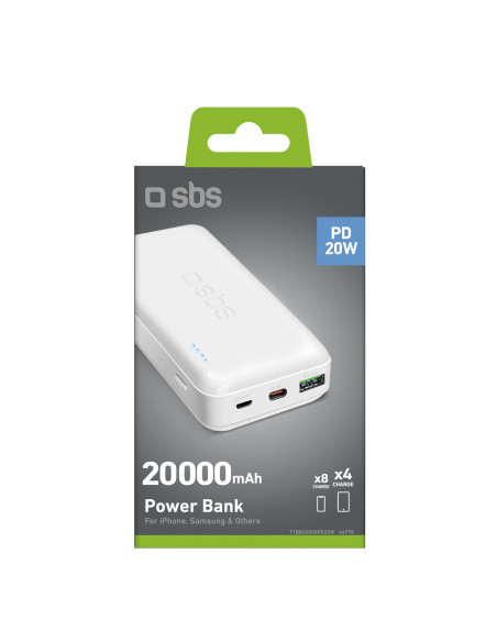 
20000 mAh PD nešiojama baterija su MicroUSB USB-C ir USB-A adapteriais, 20 W, balta
