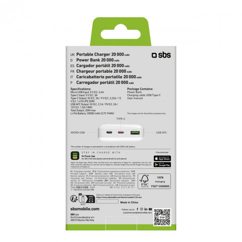 
20000 mAh PD nešiojama baterija su MicroUSB USB-C ir USB-A adapteriais, 20 W, balta
