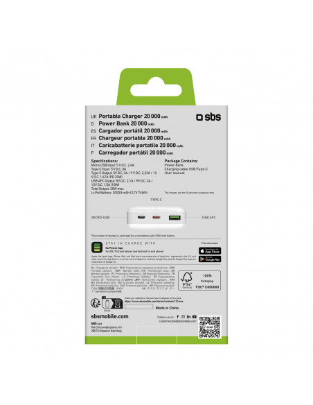 
20000 mAh PD nešiojama baterija su MicroUSB USB-C ir USB-A adapteriais, 20 W, balta
