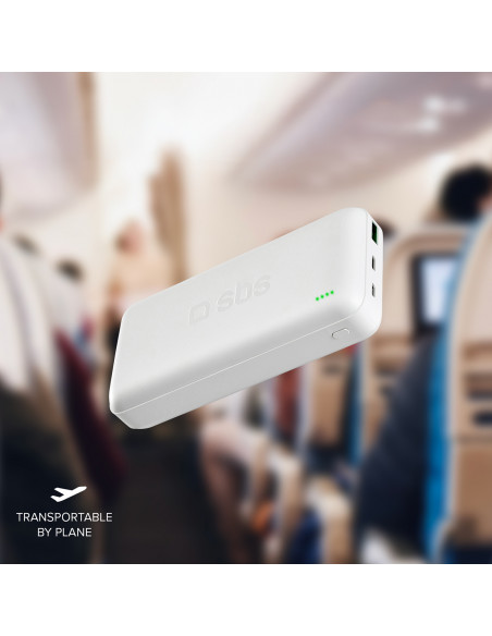 
20000 mAh PD nešiojama baterija su MicroUSB USB-C ir USB-A adapteriais, 20 W, balta
