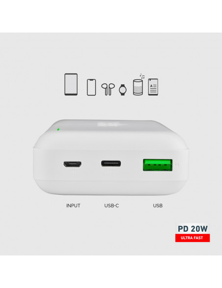 
20000 mAh PD nešiojama baterija su MicroUSB USB-C ir USB-A adapteriais, 20 W, balta
