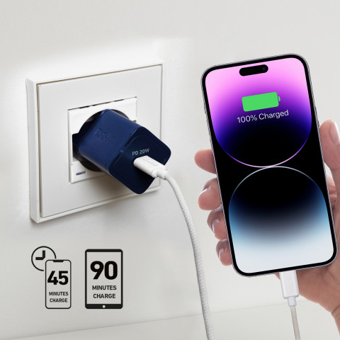 
GaN sieninis įkroviklis su maitinimo šaltiniu, 20 W – mėlynas
