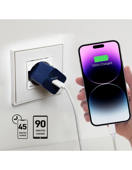 
GaN sieninis įkroviklis su maitinimo šaltiniu, 20 W – mėlynas
