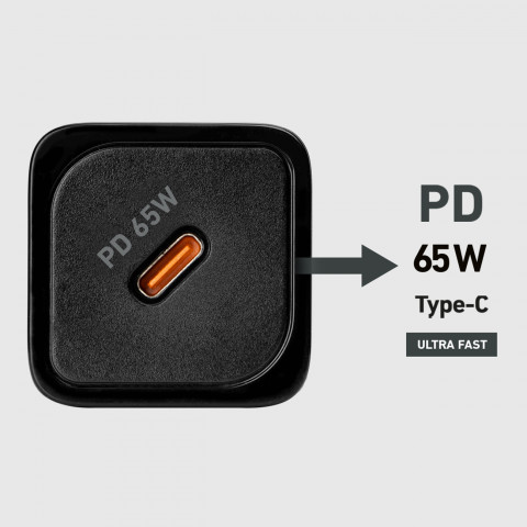 
„GaN“ sieninis įkroviklis su maitinimo šaltiniu 65 W – juodas
