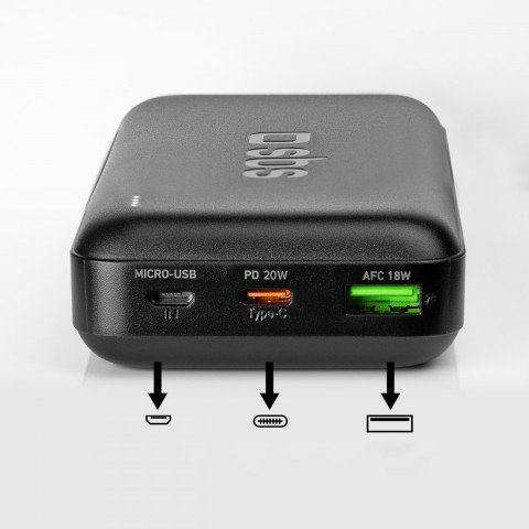 
Nešiojamoji baterija 20000 mAh PD USB-C USB-A Micro USB 20W – juoda
