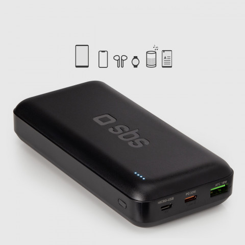 
Nešiojamoji baterija 20000 mAh PD USB-C USB-A Micro USB 20W – juoda
