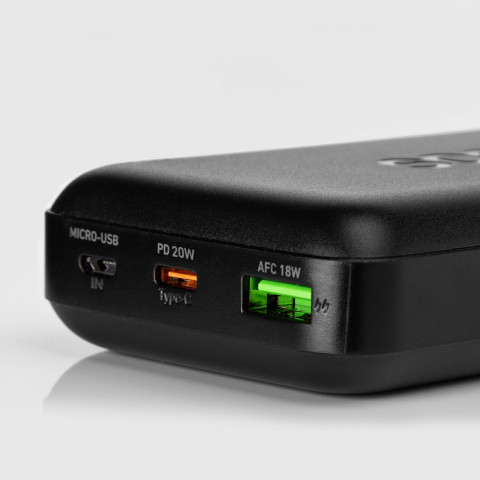 
Nešiojamoji baterija 20000 mAh PD USB-C USB-A Micro USB 20W – juoda
