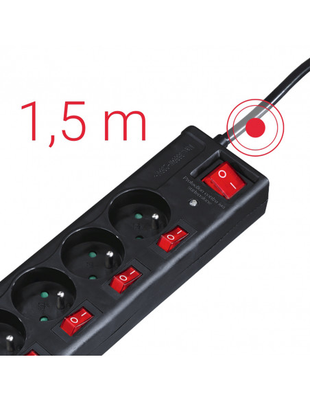 
Apsauginė juostelė su jungikliais, 6 lizdai, 1,4 m - juoda
