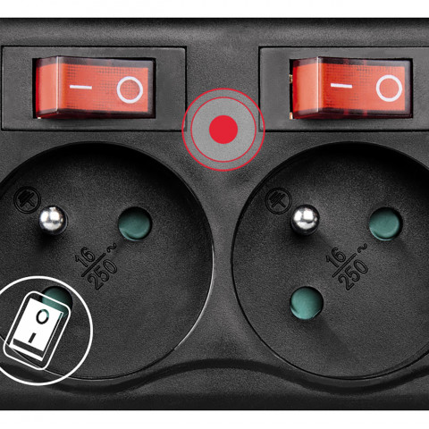 
Apsauginė juostelė su jungikliais, 6 lizdai, 1,4 m - juoda
