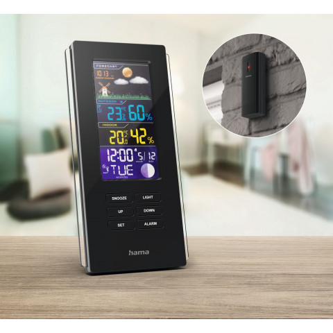 
„Hama Color Edge“ meteorologinė stotelė, termometras, higrometras, mėnulio fazė, laikrodis-radijas - juodas
