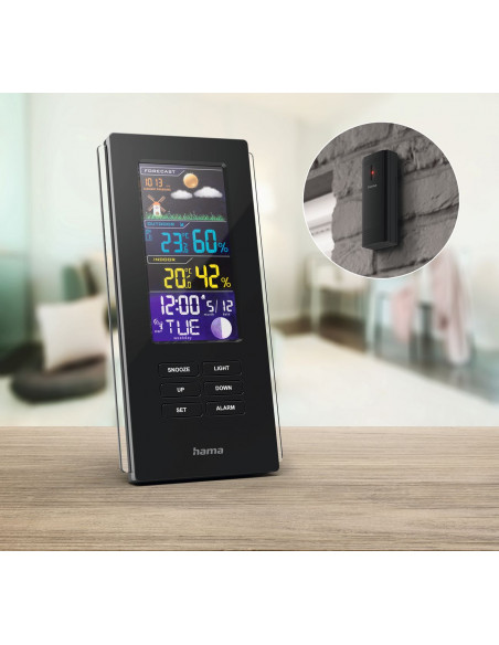 
„Hama Color Edge“ meteorologinė stotelė, termometras, higrometras, mėnulio fazė, laikrodis-radijas - juodas
