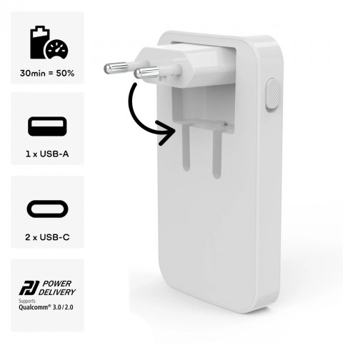 
Sulankstomas GaN USB-C USB-A 65W sieninis įkroviklis – baltas
