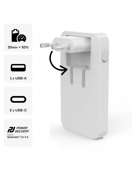 
Sulankstomas GaN USB-C USB-A 65W sieninis įkroviklis – baltas
