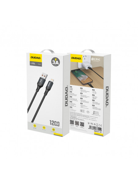 
USB-A - iPhone Lightning kabelis, pintas, 3A, 30W, 1,2 m - juodas
