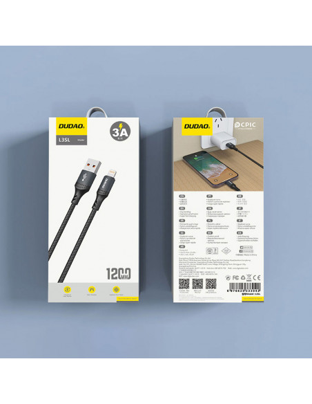 
USB-A - iPhone Lightning kabelis, pintas, 3A, 30W, 1,2 m - juodas
