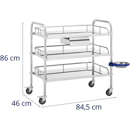 Kosmetinio gydymo laboratorinis vežimėlis iš plieno, stalčius 3 lentynos, 84,5 x 46 x 86 cm Kosmetinio gydymo laboratorinis vežimėlis iš plieno, stalčius 3 lentynos, 84,5 x 46 x 86 cm