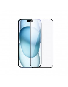 
2.5D grūdintas stiklas, atsparus mėlynai šviesai ir dulkėms, su juodu rėmeliu, skirtas iPhone 15/ 16

