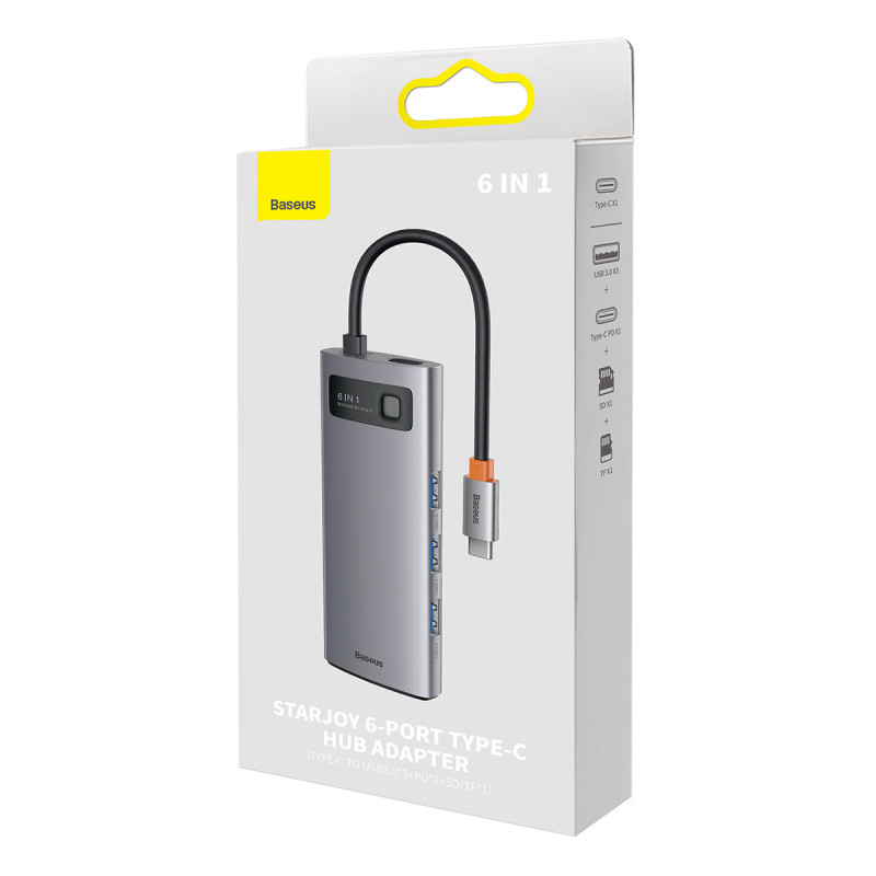 HUB 6in1 prijungimo stotelė USB-C 3xUSB 3.2 1xPower Delivery SD kortelių skaitytuvas 1x TF kortelių skaitytuvas pilkas