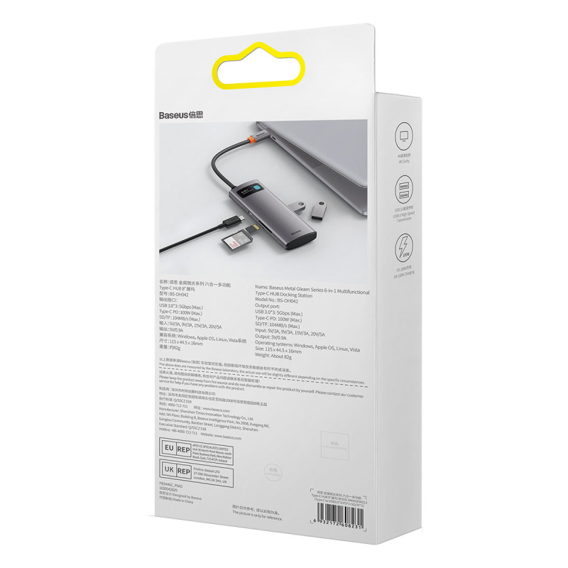 HUB 6in1 prijungimo stotelė USB-C 3xUSB 3.2 1xPower Delivery SD kortelių skaitytuvas 1x TF kortelių skaitytuvas pilkas