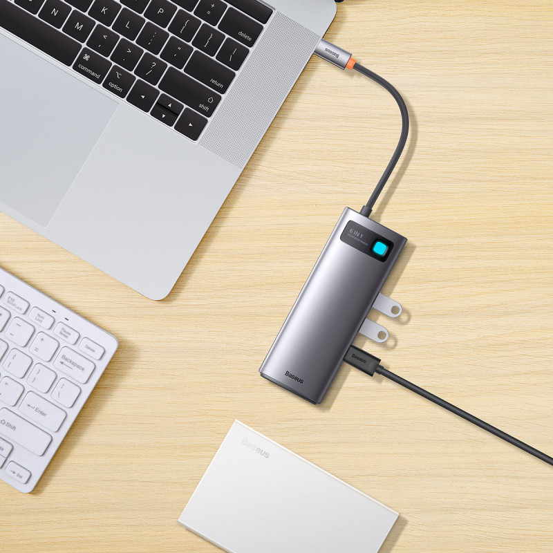HUB 6in1 prijungimo stotelė USB-C 3xUSB 3.2 1xPower Delivery SD kortelių skaitytuvas 1x TF kortelių skaitytuvas pilkas