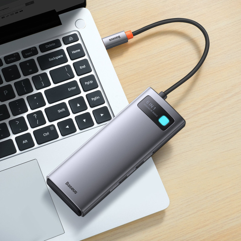 HUB 6in1 prijungimo stotelė USB-C 3xUSB 3.2 1xPower Delivery SD kortelių skaitytuvas 1x TF kortelių skaitytuvas pilkas