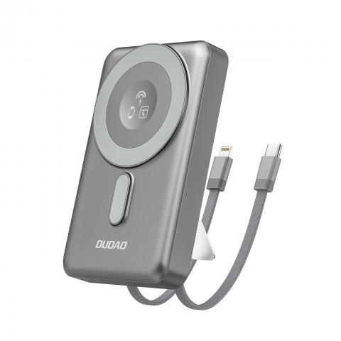 
Išorinė baterija K29 10000mAh MagSafe metalinis dėklas, stovas, laidai, USB-C, iPhone Lightning, PD 20W - pilka
