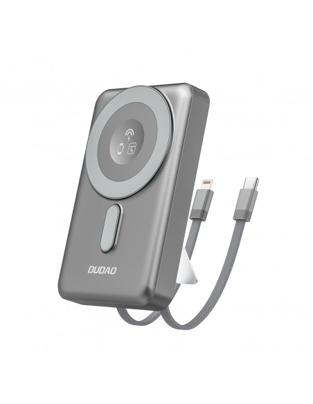 
Išorinė baterija K29 10000mAh MagSafe metalinis dėklas, stovas, laidai, USB-C, iPhone Lightning, PD 20W - pilka
