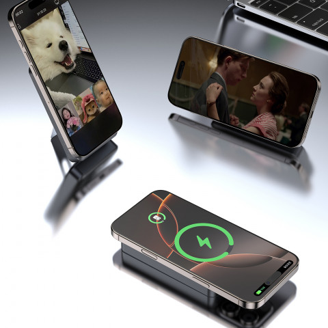 
Išorinė baterija K29 10000mAh MagSafe metalinis dėklas, stovas, laidai, USB-C, iPhone Lightning, PD 20W - pilka
